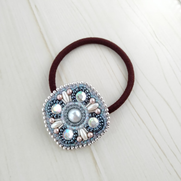 ビーズ刺繍◇ヘアゴム＃045ダークネイビー×シルバー ヘアゴム isoa