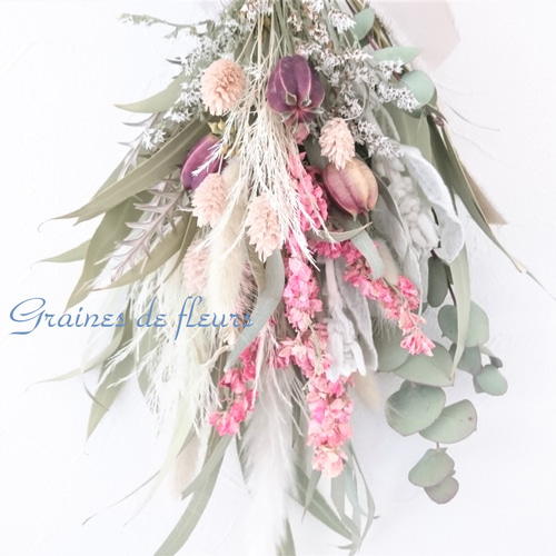 ドライフラワーリーススワッグリースブーケナチュラルかわいいピンク