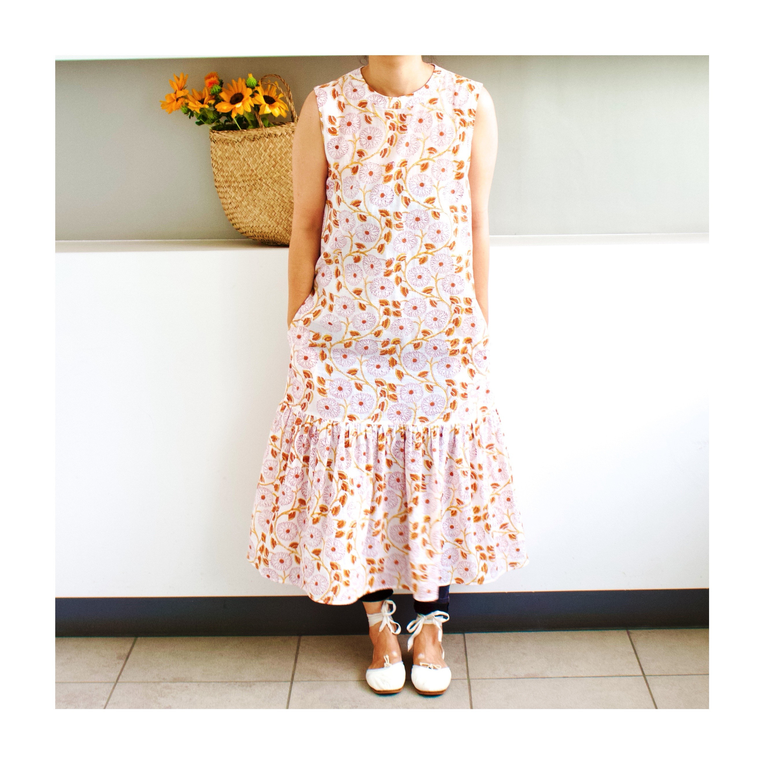 【SALE】インドブロックプリント　裾ラッフルワンピース