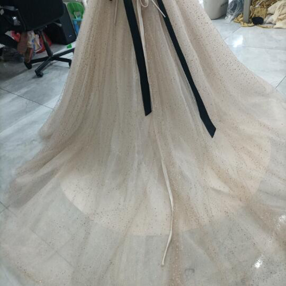 カラードレスシャンパン色 ソフトチュール ロングトレーン 取り外しオフショルダー 結婚式/披露宴 二次会 レース、糸 T1944508438(14995円)