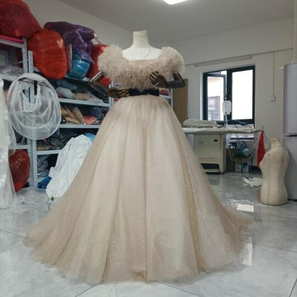 カラードレスシャンパン色 ソフトチュール ロングトレーン 取り外しオフショルダー 結婚式/披露宴 二次会 レース、糸 T1944508438(14995円)