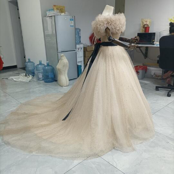 カラードレスシャンパン色 ソフトチュール ロングトレーン 取り外しオフショルダー 結婚式/披露宴 二次会 レース、糸 T1944508438(14995円)