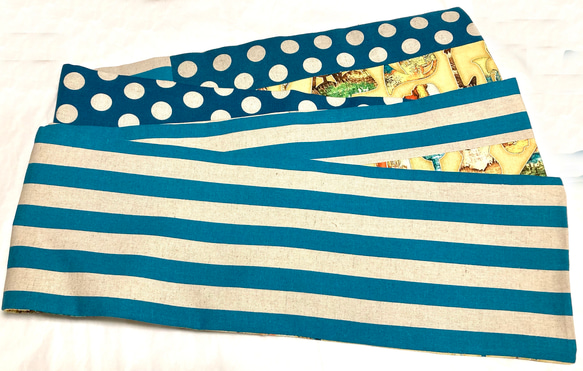USAコットン　ブルーが鮮やかなMUSIC柄　半幅帯リバ長尺 6枚目の画像