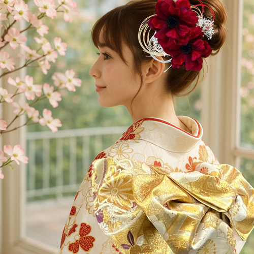 ヘッドドレス～ミニアネモネのレッドピンク和玉水引金箔style～髪飾り ヘッドドレス～ミニアネモネのレッドピンク和玉水引金箔style