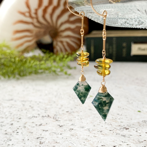 14kgf*モスアゲートとイエローグリーンアンバーのロングピアス