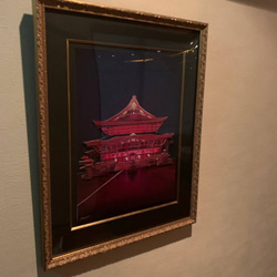 平面切り貼り絵「善光寺　夜」原画のみ A4サイズ 風景　フルカラー 3枚目の画像