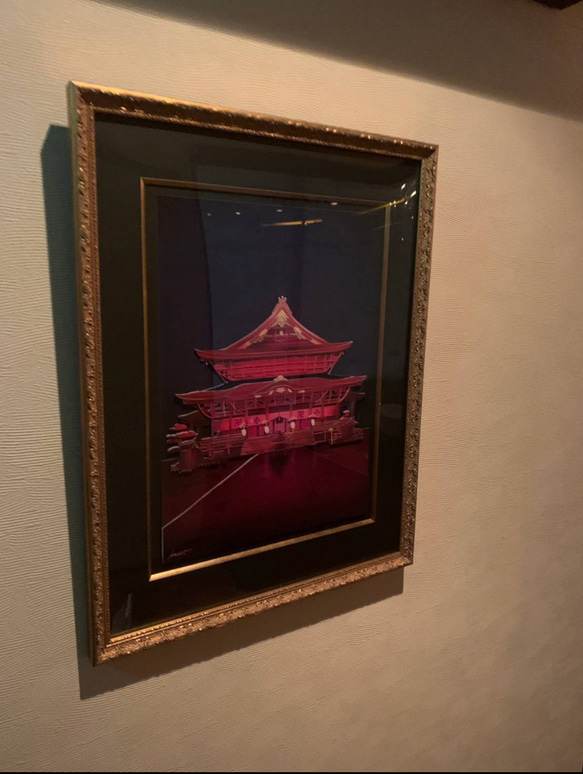 平面切り貼り絵「善光寺　夜」原画のみ A4サイズ 風景　フルカラー 3枚目の画像