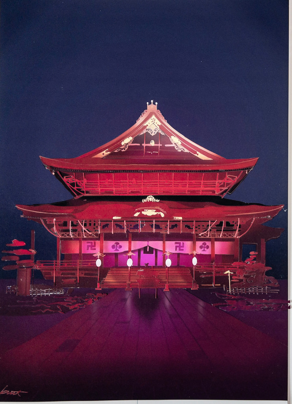 平面切り貼り絵「善光寺　夜」原画のみ A4サイズ 風景　フルカラー 1枚目の画像