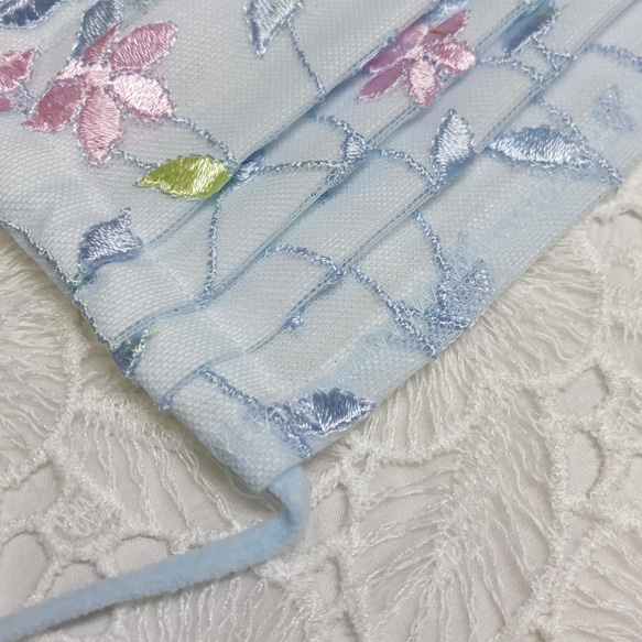 light blue geo 刺繍レース　布マスク　プリーツマスク　ワイヤー入り　マスク　ノーズワイヤー 3枚目の画像