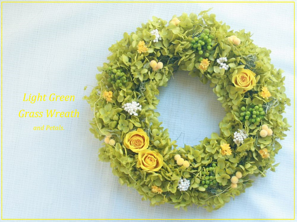 明るいグリーンのアナベルとミモザイエローの小花いっぱいのナチュラルリース　春色新作2023　ウェルカムリースに　W044 1枚目の画像