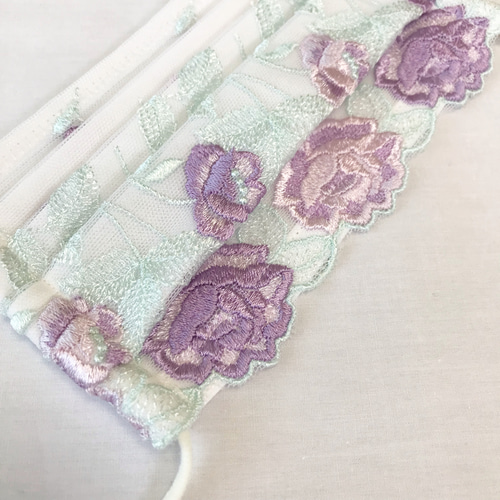 purple×palegreen 刺繍レース 布マスク プリーツマスク ワイヤー