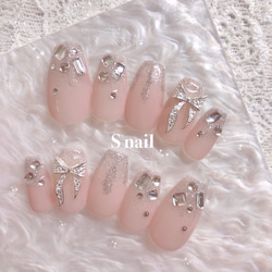 ネイルチップ ピンク シルバー リボン ワンホンネイル ガーリー ネイル