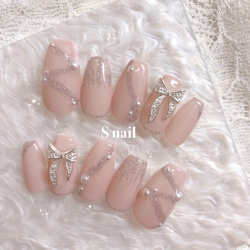 ネイルチップ ワンホンネイル ピンク シルバー リボン パール ガーリー