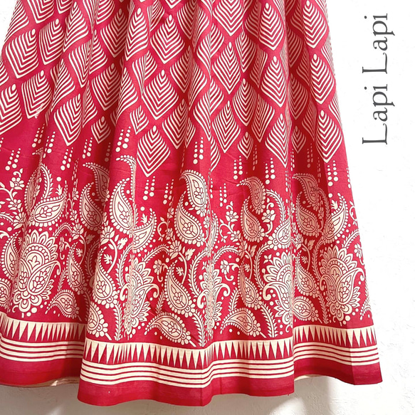 【新作1点物】インド綿ギャザースカート レッド 1枚目の画像