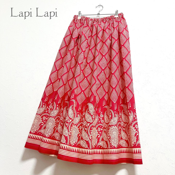 【新作1点物】インド綿ギャザースカート レッド 2枚目の画像
