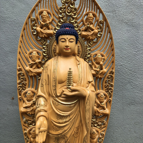 【修縁堂】最高級 木彫り 仏像 薬師如来三尊立像 本金 切金 彫刻 天然木檜材 最高级 高さ90cm 超大型 薬師如来仏立像 木製仏像 切金 本金