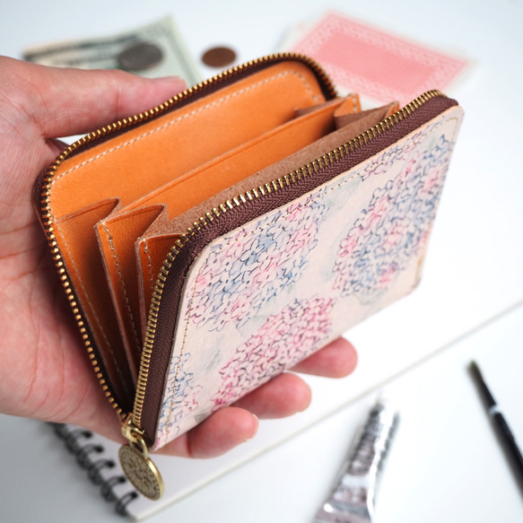 ラウンドファスナー コンパクト 財布（アジサイ）本革 ミニ 紫陽花 5枚目の画像