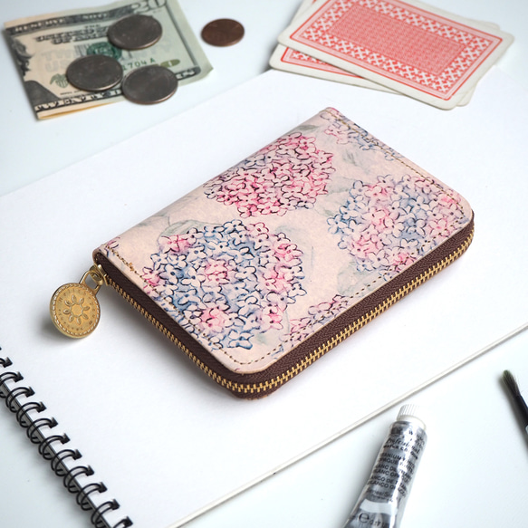 ラウンドファスナー コンパクト 財布（アジサイ）本革 ミニ 紫陽花 2枚目の画像