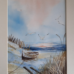 水彩画 小舟とカモメ 絵画 makochin 通販 13945916｜Creema