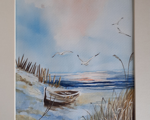 水彩画 小舟とカモメ 絵画 makochin 通販 13945916｜Creema