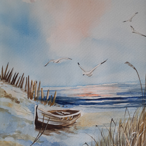 水彩画 小舟とカモメ 絵画 makochin 通販 13945916｜Creema