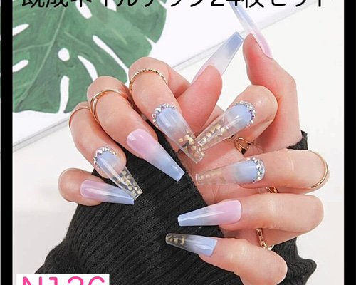 N136》既成ネイルチップ24枚セット ピンク 水色 クリア 金箔