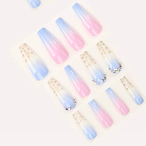 N136》既成ネイルチップ24枚セット ピンク 水色 クリア 金箔 ロング
