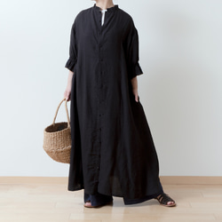 ハンドメイド　リネンワンピース　パフスリーブ　ブラック バックレースアップ パフスリーブ マーメイド ロング ワンピース