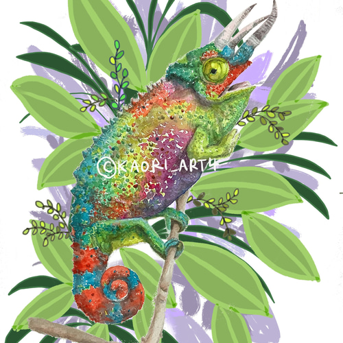アート作品 『chameleon』　原画　現代アート 水彩画とデジタル画コラボ作品 【Happy Chameleon 1 ボタニカル】 絵画