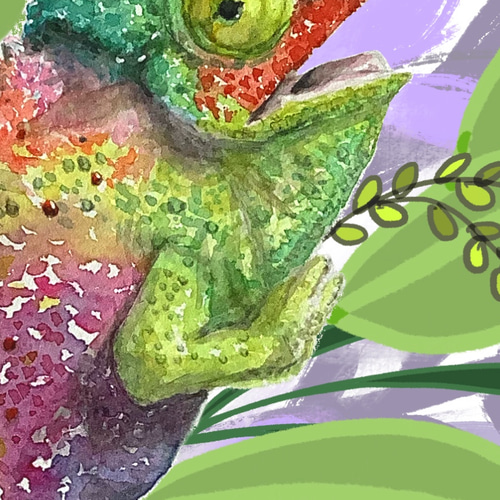アート作品 『chameleon』　原画　現代アート 水彩画とデジタル画コラボ作品 【Happy Chameleon 1 ボタニカル】 絵画
