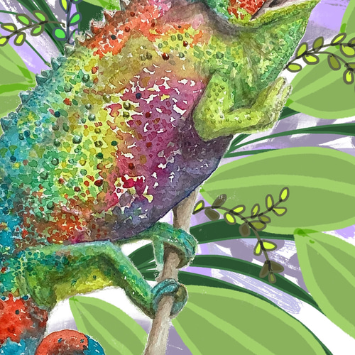 水彩画とデジタル画コラボ作品 【Happy Chameleon 1 ボタニカル】 絵画
