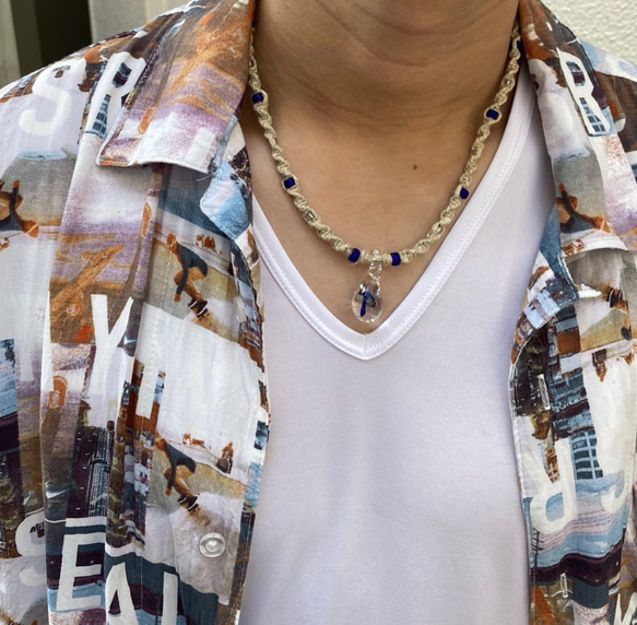 ネックレス※ヘンプアクセサリーキノコガラス細工麻紐メンズアクセ