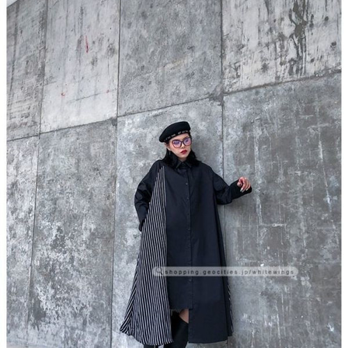 新品 Sheller アメスリ シャツワンピース ブラック 黒 シャツワンピース レディース ロング丈 長袖 モード アメカジ 黒 大人