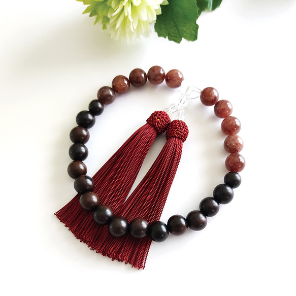 【男性用/主玉12mm】黒檀と天然石・バイカラーの数珠・略式念珠/臙脂房 1枚目の画像