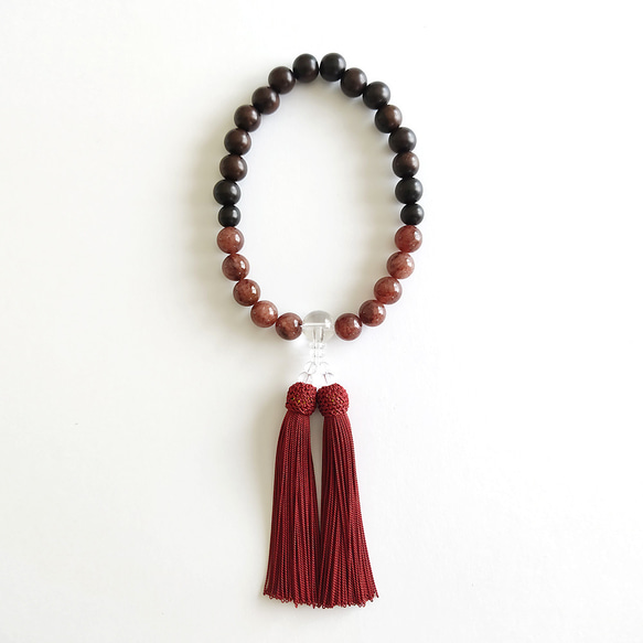 【男性用/主玉12mm】黒檀と天然石・バイカラーの数珠・略式念珠/臙脂房 4枚目の画像