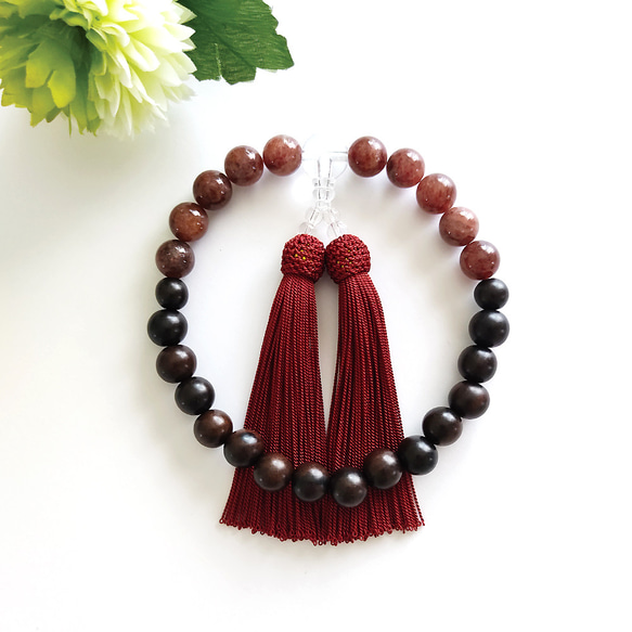 【男性用/主玉12mm】黒檀と天然石・バイカラーの数珠・略式念珠/臙脂房 2枚目の画像