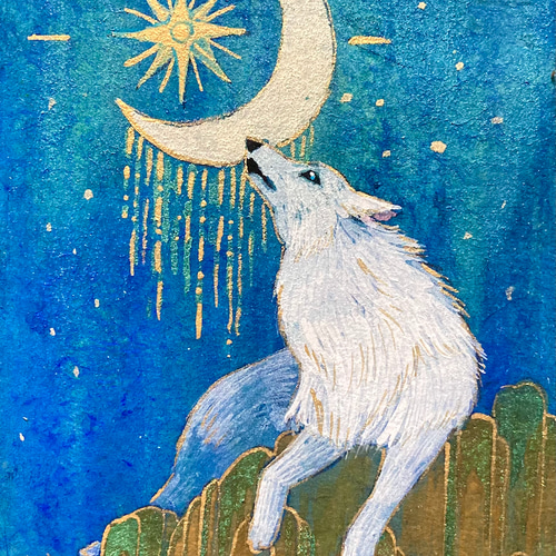 月とオオカミの絵画 三日月/インテリアアート 月の絵 星 狼 おしゃれ