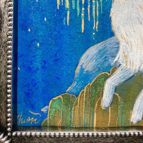月の絵 月とオオカミの絵画 三日月/インテリアアート 月の絵 星 狼