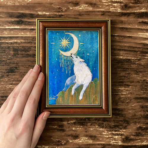 月とオオカミの絵画 三日月/インテリアアート 月の絵 星 狼
