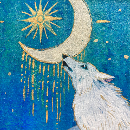 月の絵 月とオオカミの絵画 三日月/インテリアアート 月の絵 星 狼