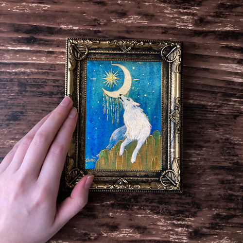 月とオオカミの絵画 三日月/インテリアアート 月の絵 星 狼 おしゃれ