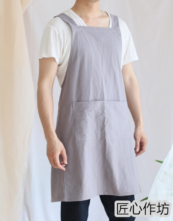 レトロなシンプルな手作り綿麻エプロンは家の周りのポケットを
