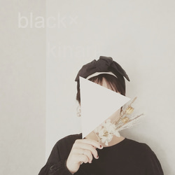 リボン黒×生成 リネンボリュームターバン 3枚目の画像