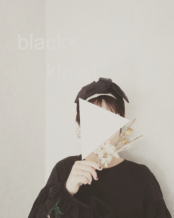 リボン黒×生成 リネンボリュームターバン 3枚目の画像