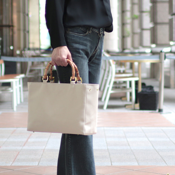 すっきりスマートなバンブーハンドル 2wayショルダー 北欧生地×富士金