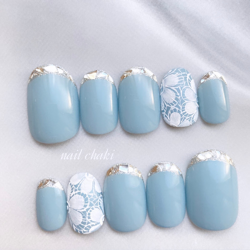 シンデレラのガラスフレンチネイル ネイルチップ レースネイル
