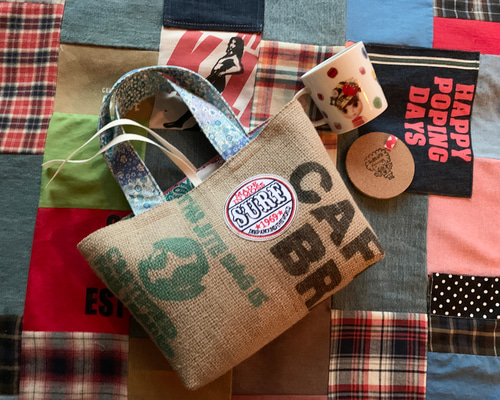 saleコーヒー豆麻袋バッグ/Cafes do Brasil×英字刺繍ワッペン×バンダナ 