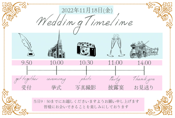 ウェディングタイムライン|wedding timeline|【セミオーダー】|ハガキサイズ|ペーパーアイテム|10部〜 3枚目の画像