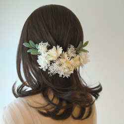 ヘッドドレス 髪飾り ドライフラワー 白アジサイ&白カスミ草&ニゲラオリエンタリス 2枚目の画像