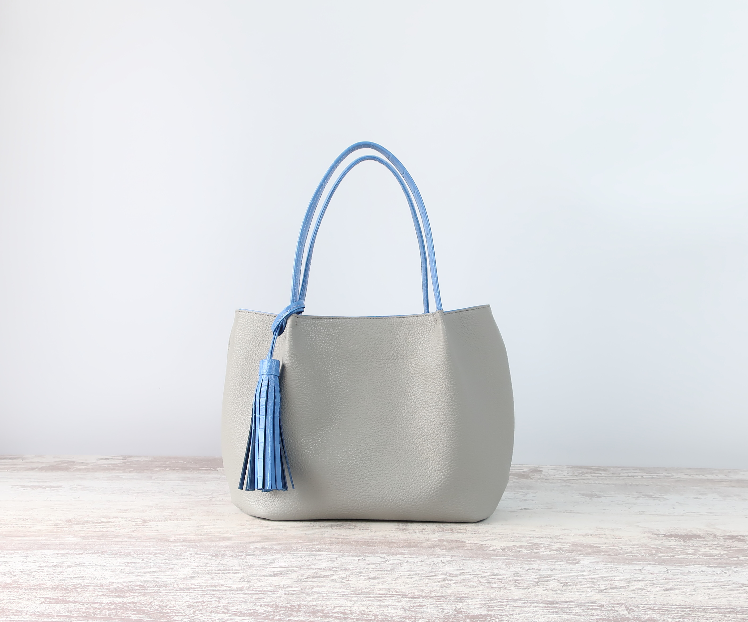 ふんわりタックトート（S)☆彡ライトグレー×ライトブルー・受注製作